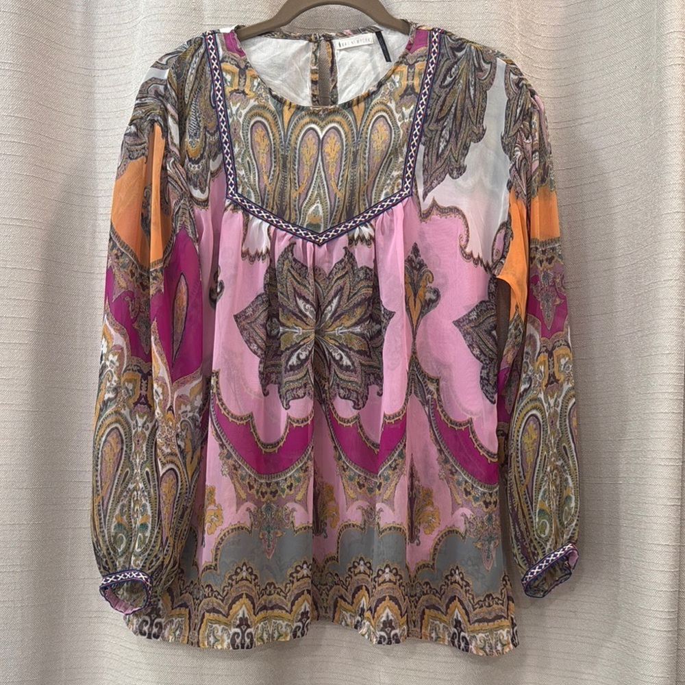 KAS NewYork/Anthropologie Graphic Pink and Orange Sheer Blouse Womens Size Small